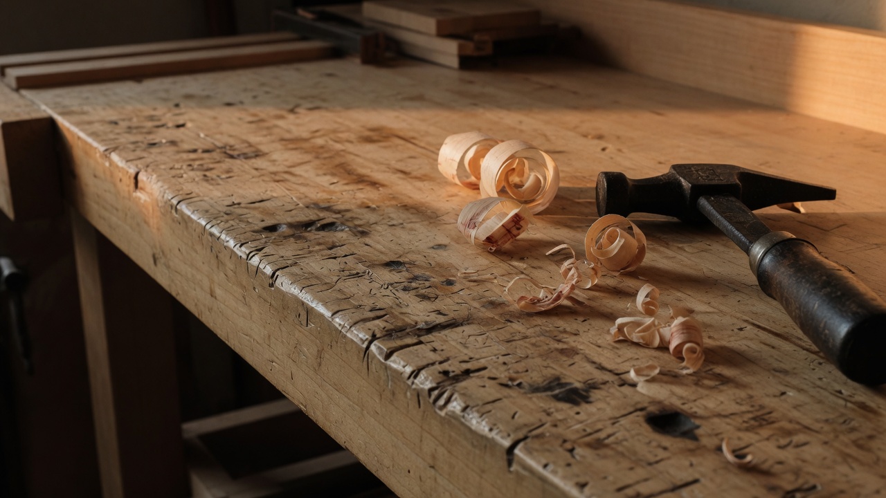 Scarred woodshop bench with shavings