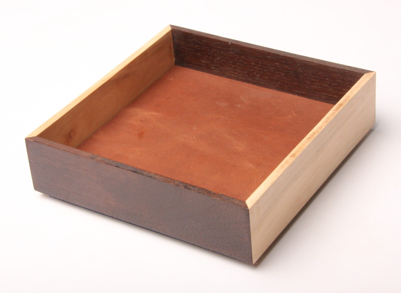 Two-tone walnut and maple leather tray