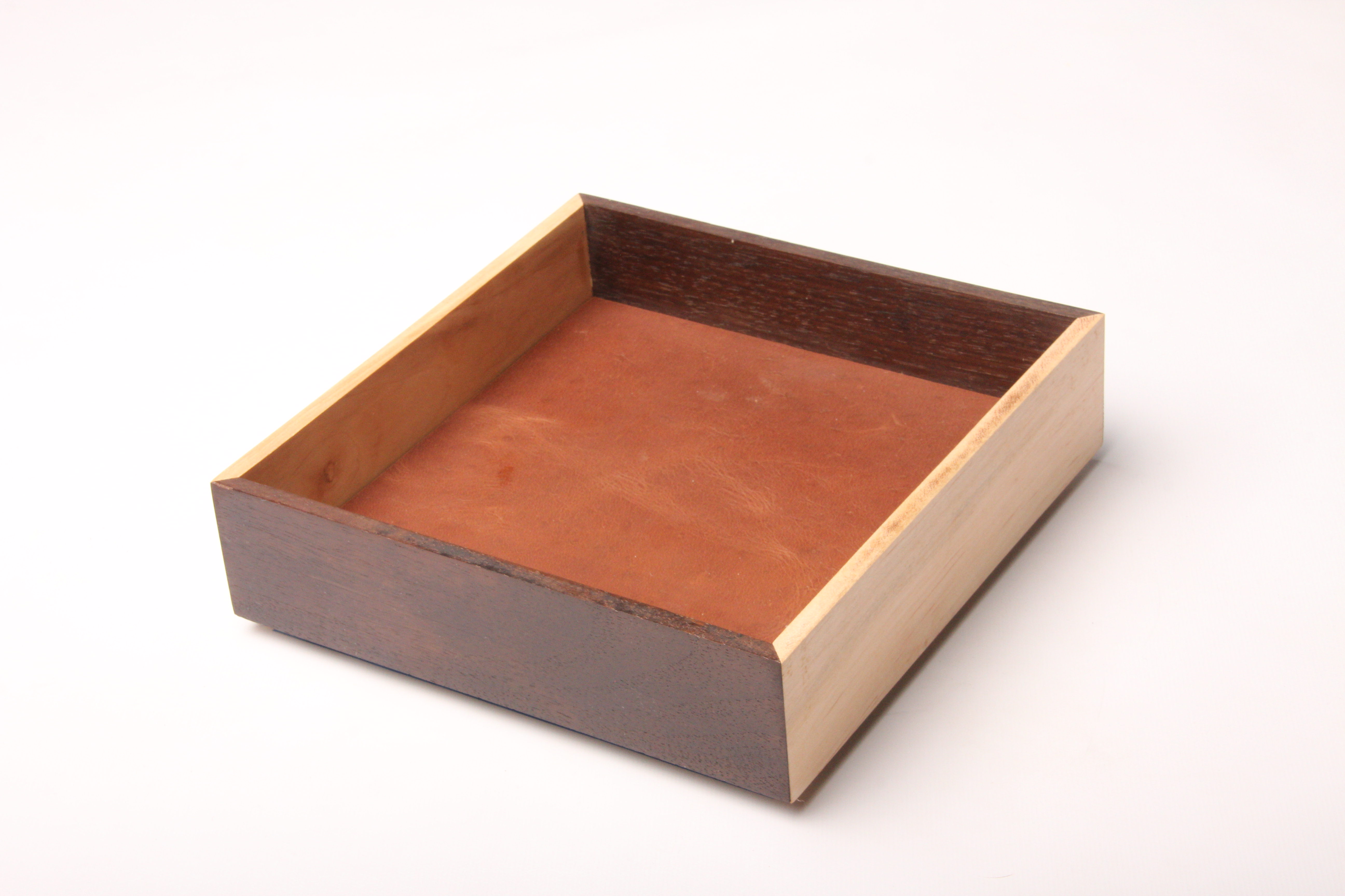 Two-tone walnut and maple leather tray